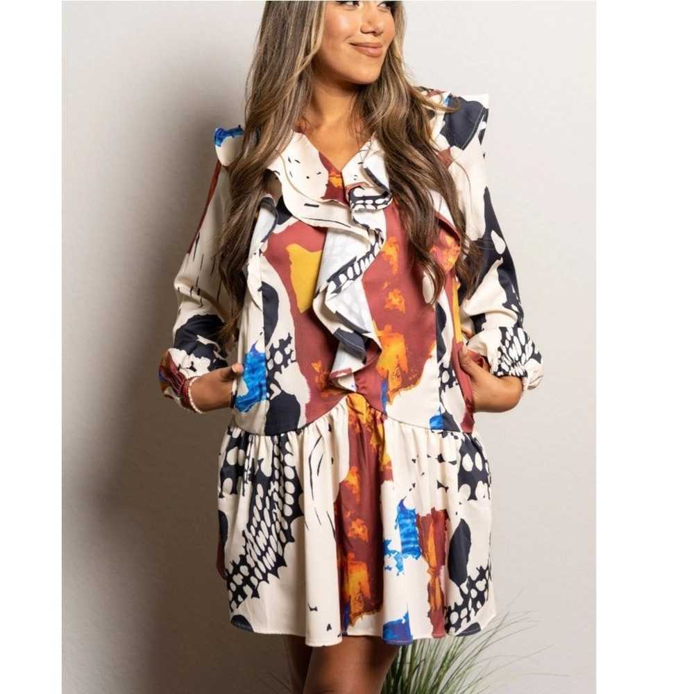 Mulla large Multicolor mini dress ruffle neck lon… - image 1