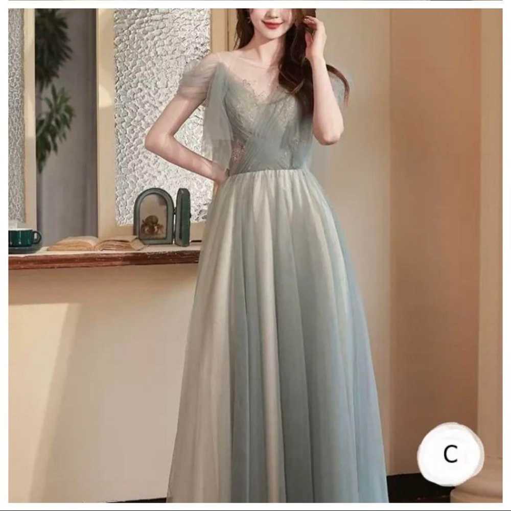 Green tulle off-shoulder long dress - image 2