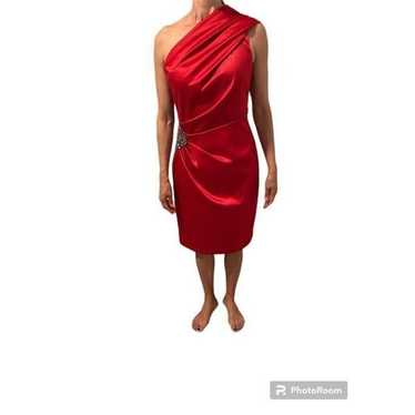 ELIZA J Red Satin One Shoulder Beaded Cocktail Dre