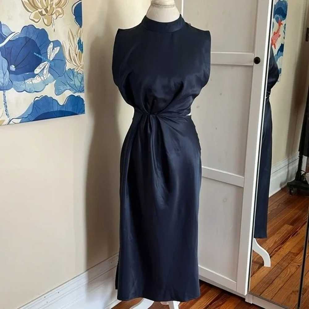 Midi Lenght Silky Navy Blue Cocktail Dress - image 1