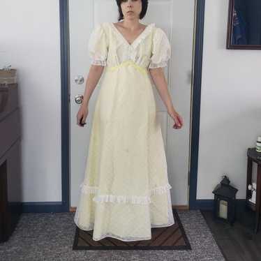 70s Yellow and White Eyelet Lace Maxi Dress