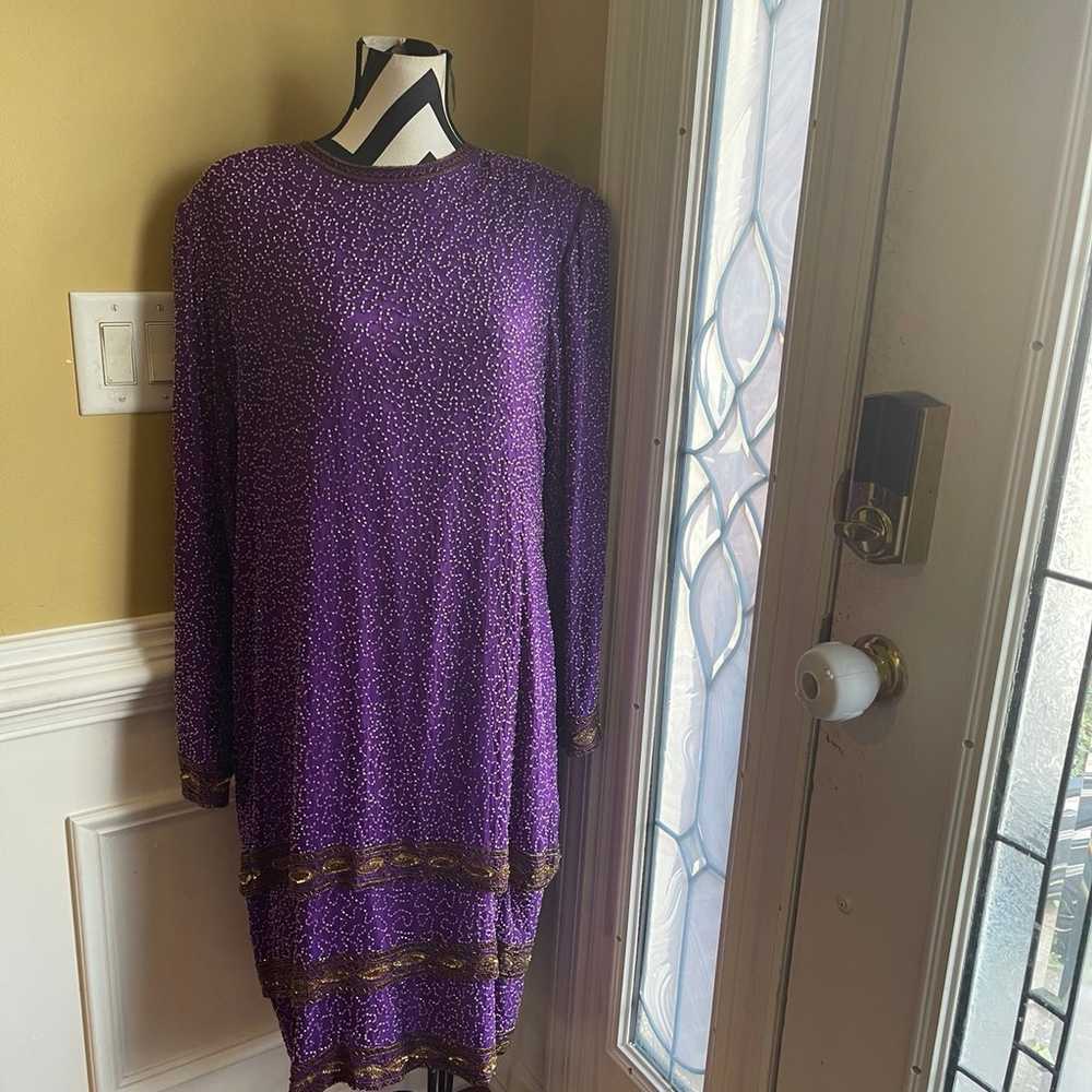 Vintage Carina 100% Silk Purple and Gold  Beaded … - image 1