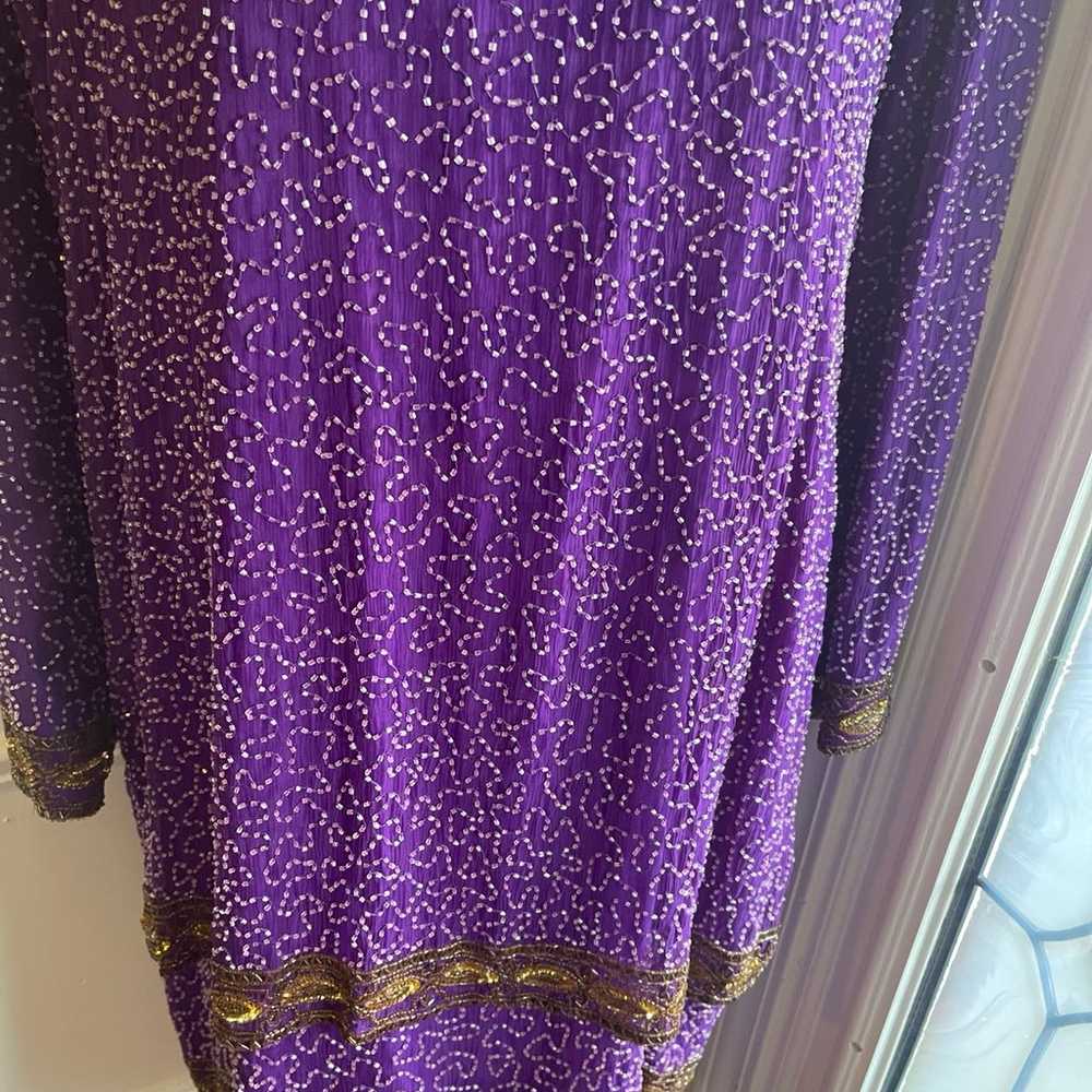 Vintage Carina 100% Silk Purple and Gold  Beaded … - image 6