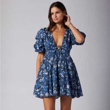 Joie Lucia Cotton V Neck Mini Babydoll Dress Blue 