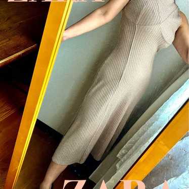 ZARA Beige/Gold Metallic Stretch Dress S