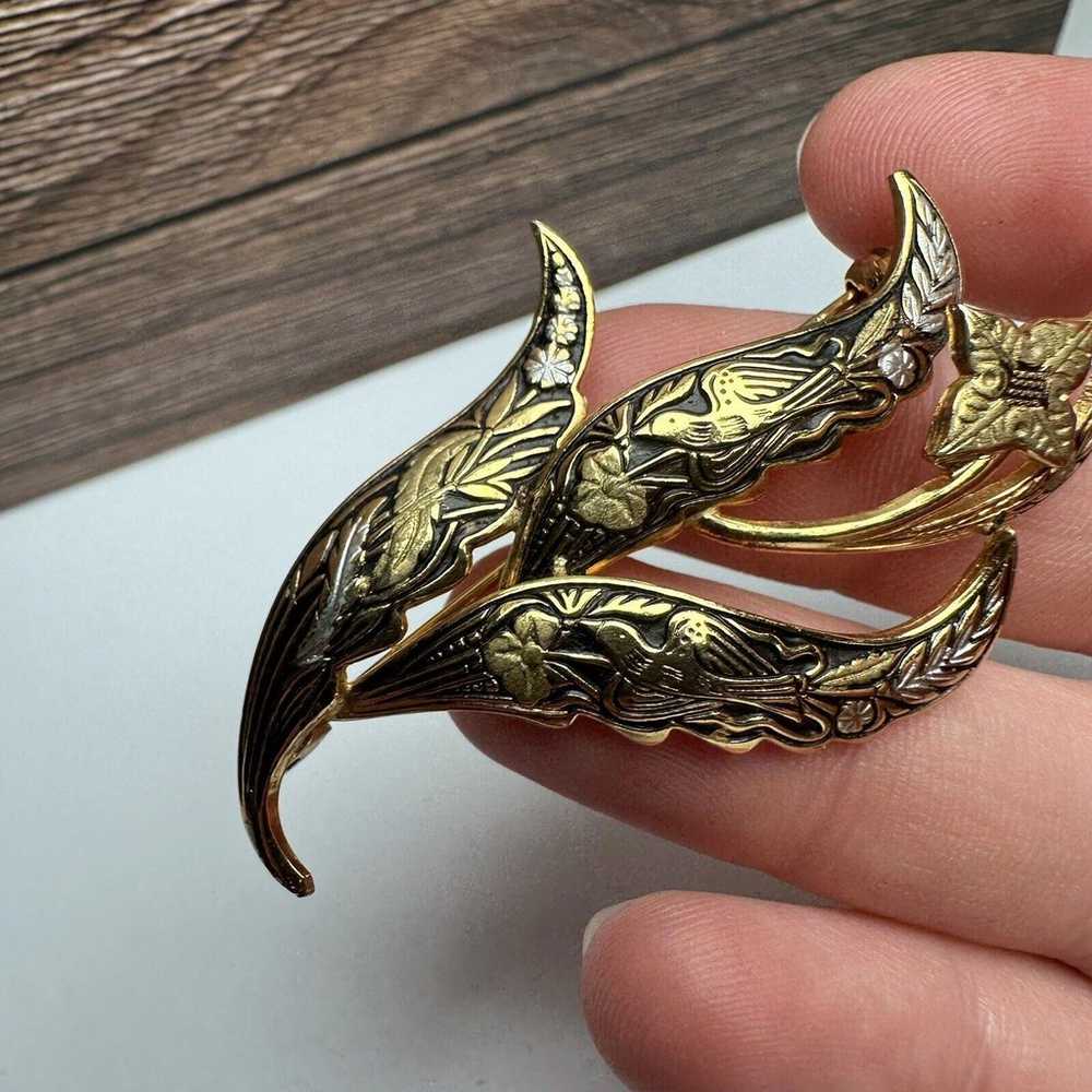 Faux Damascene Leaf Branch Brooch Pin Gold Tone B… - image 6