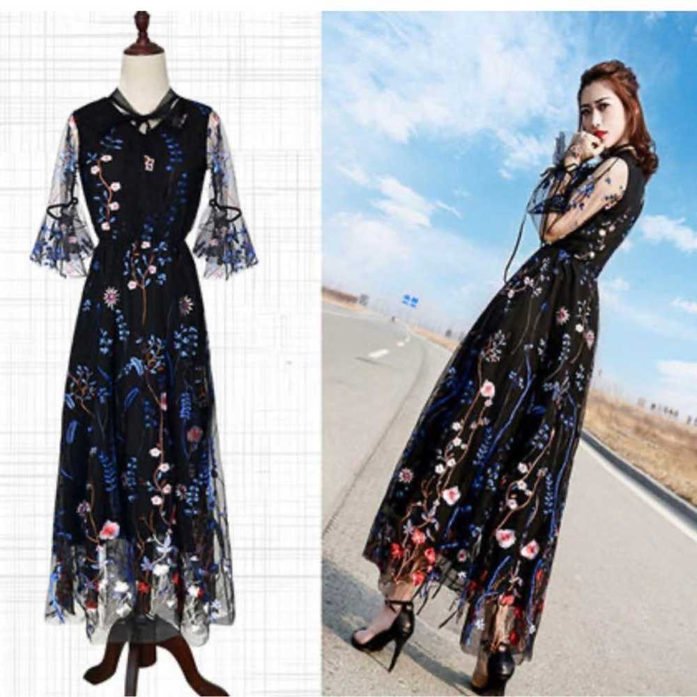 Black long shirt dress with flower pattern embroi… - image 1