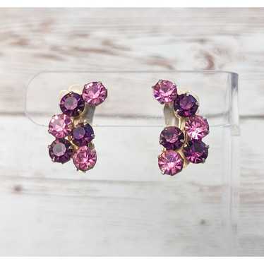 Vintage Clip On Earrings - 1" Pink & Purple Gems … - image 1