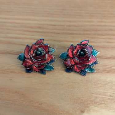 Vintage Rose Enamel Earrings