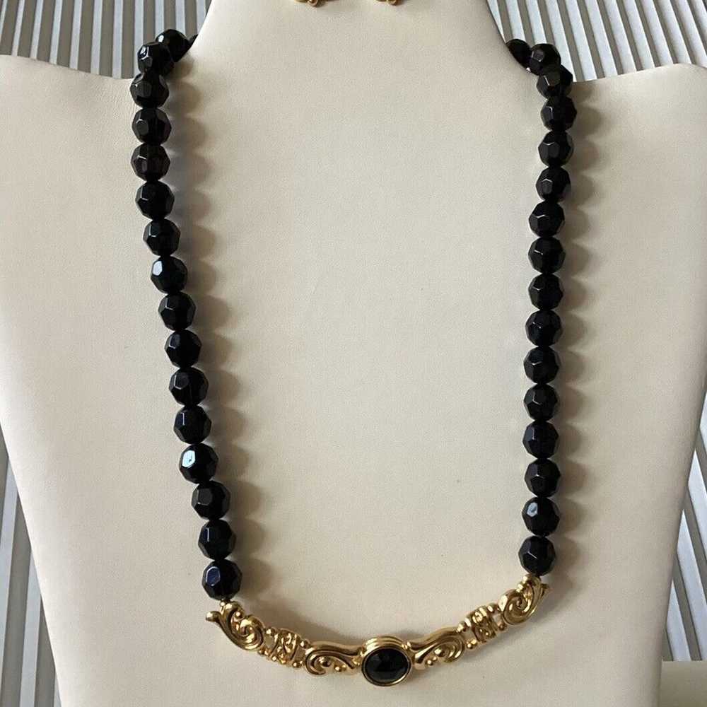 Faceted Black Beaded Bib Necklace & Earrings W/Go… - image 5