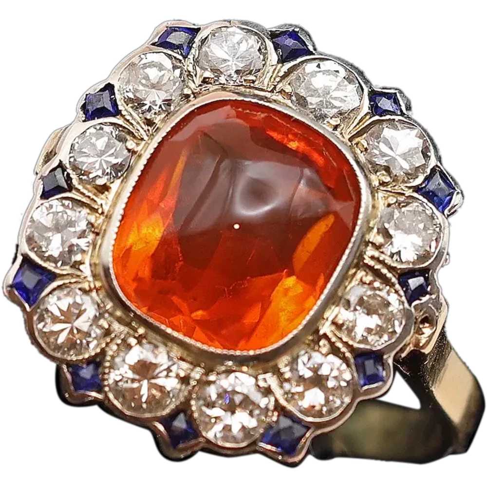 Vintage Art Deco ring cushion cut fire opal diamo… - image 1