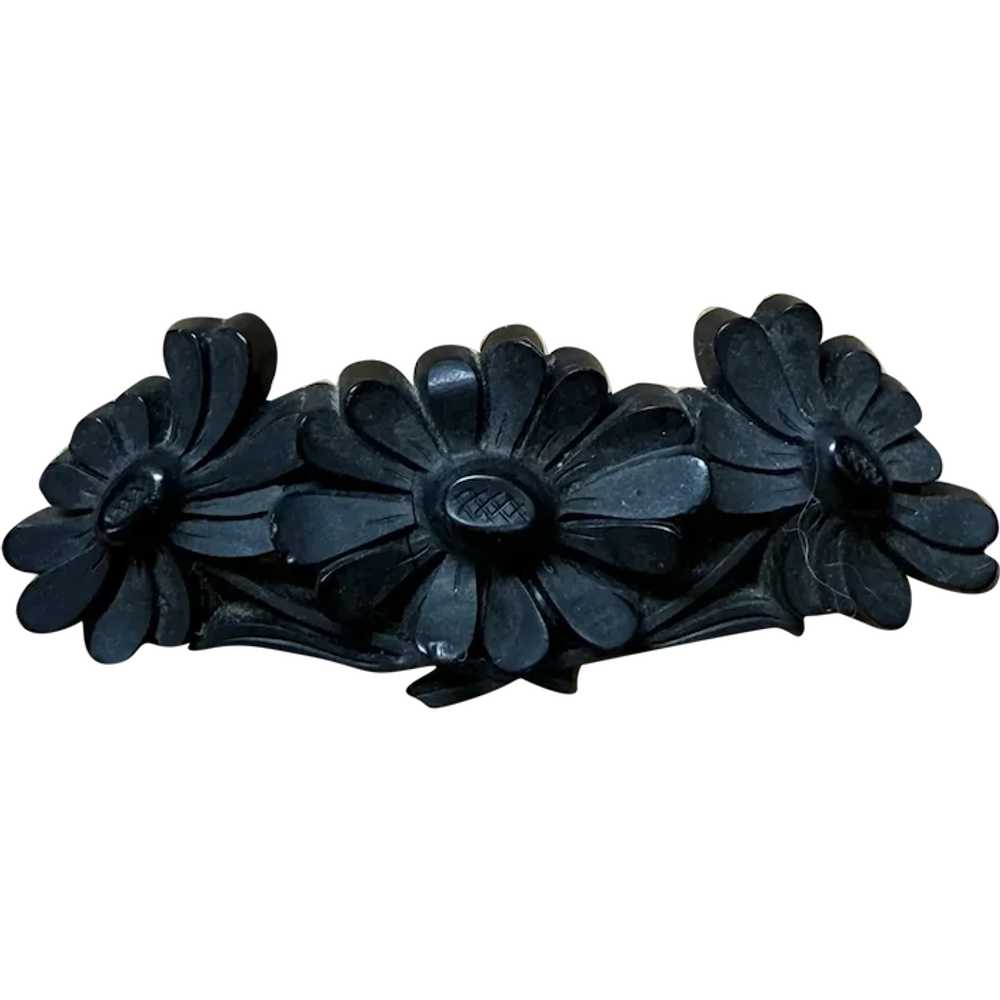 Antique Victorian Mourning Brooch, Carved Flowers… - image 1