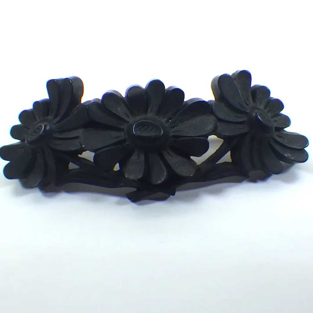 Antique Victorian Mourning Brooch, Carved Flowers… - image 2