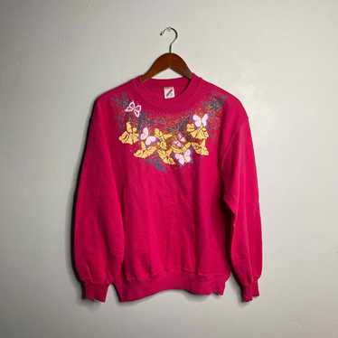 Vintage 90s vintage pink floral butterfly sweatsh… - image 1