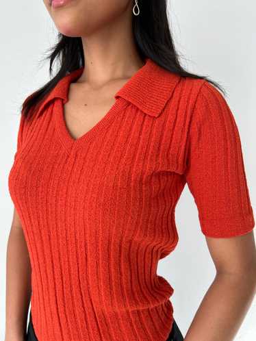 70s Orange Knit Collared Top