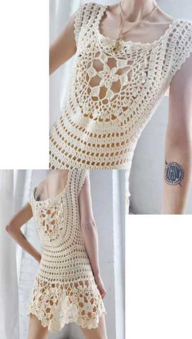 sheer 70s buttercream crochet knit mini dress