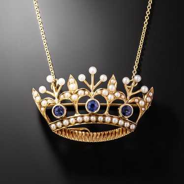 Victorian Sapphire and Seed Pearl Crown Pendant/Br