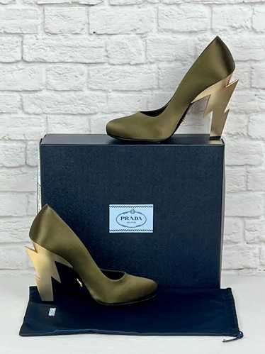 Prada Satin Pumps Lightning Bolt Heel, Olive and G