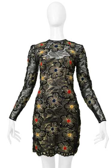 GALANOS BLACK & GOLD LACE DRESS WITH EMBROIDERED G