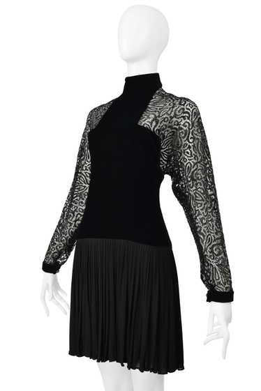 GALANOS BLACK VELVET ILLUSION DRESS WITH LACE CUTO