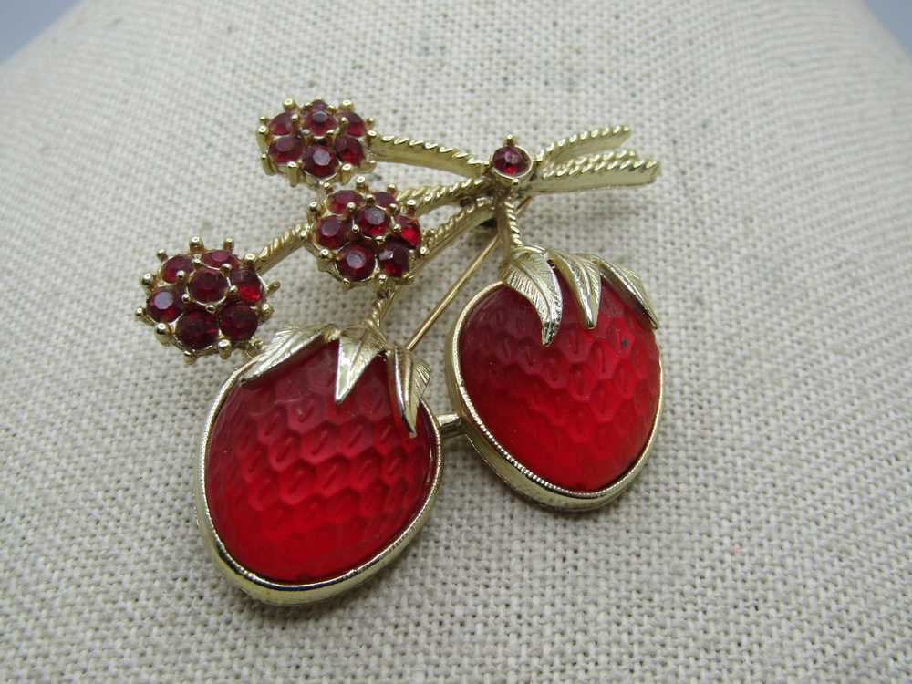 Vintage Strawberries & Rhienstones Brooch, Sarah … - image 1