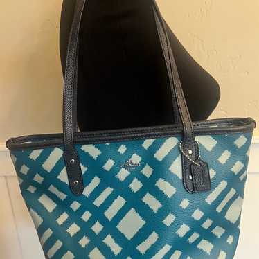 Coach Leather Blue Plaid Tote Handbag on sale Purse