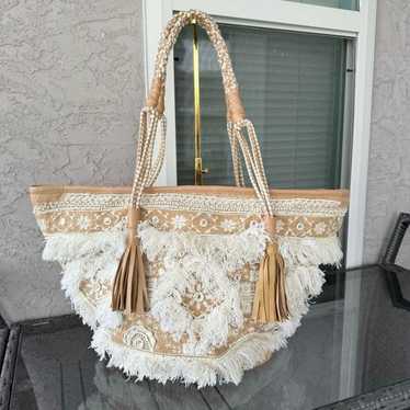 Shashi Belly Tote Bag Neutral Fringe Beaded Festi… - image 1