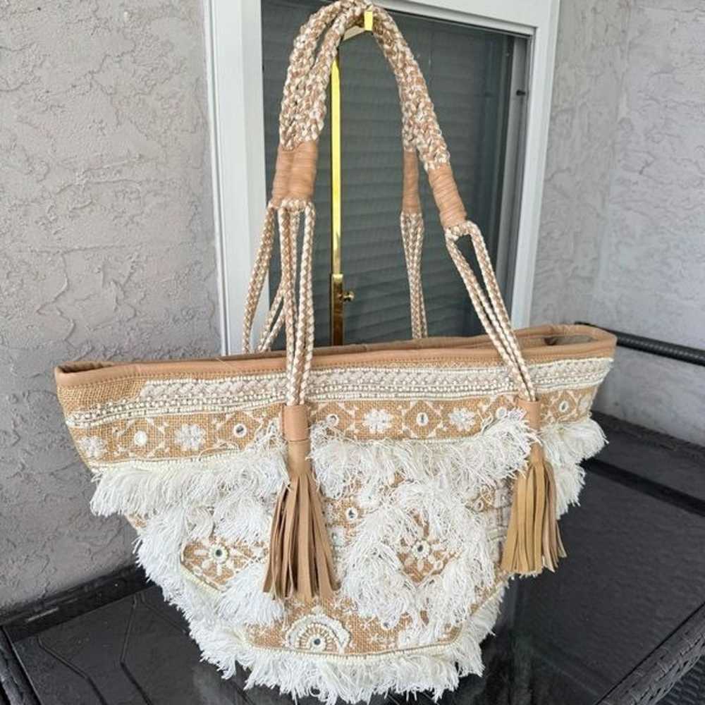 Shashi Belly Tote Bag Neutral Fringe Beaded Festi… - image 2