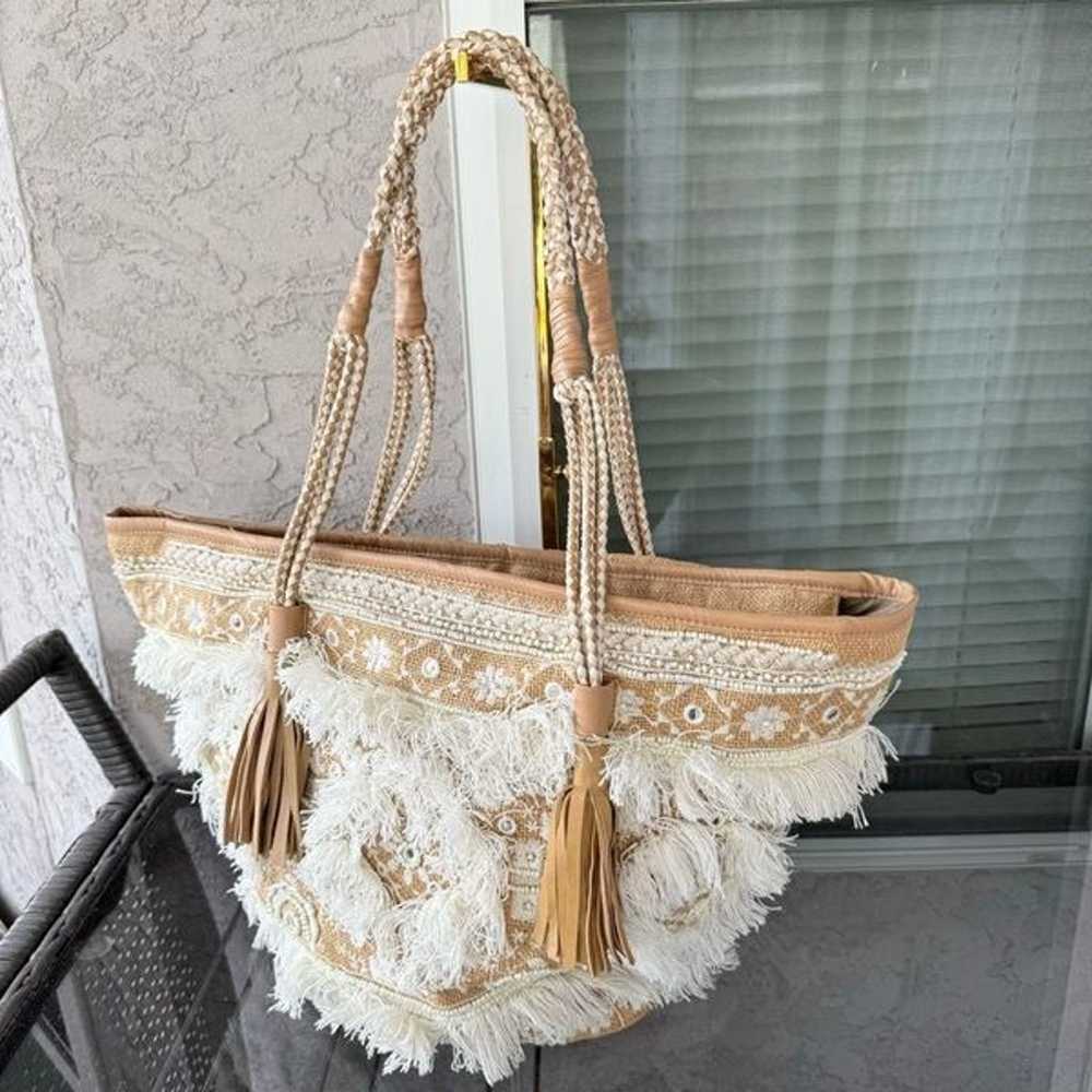 Shashi Belly Tote Bag Neutral Fringe Beaded Festi… - image 3