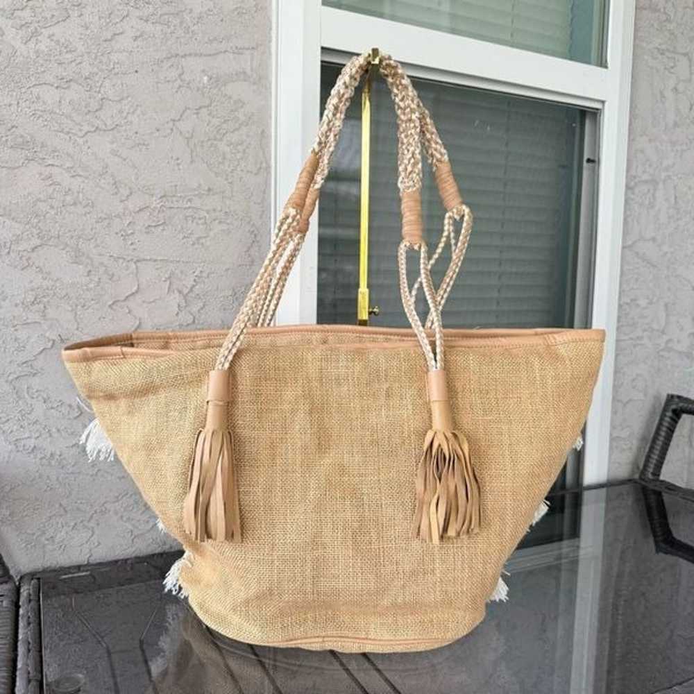 Shashi Belly Tote Bag Neutral Fringe Beaded Festi… - image 4