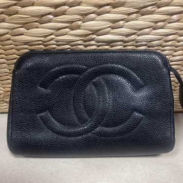 CHANEL Caviar Skin Leather Pouch Black