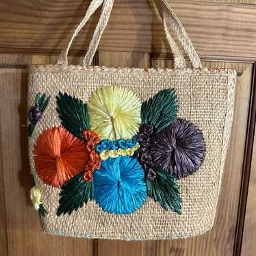 Vintage 1976 Woven Straw Purse Floral Festival Ra… - image 1