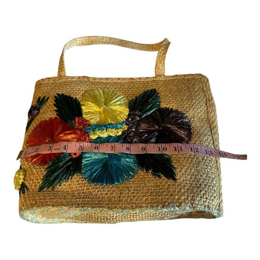 Vintage 1976 Woven Straw Purse Floral Festival Ra… - image 4