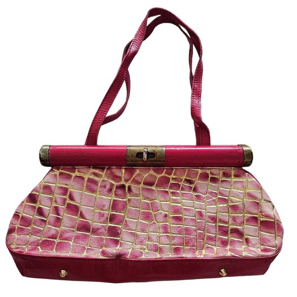 Vintage Vera Pelle Pink Croc Embossed Leather Dou… - image 1