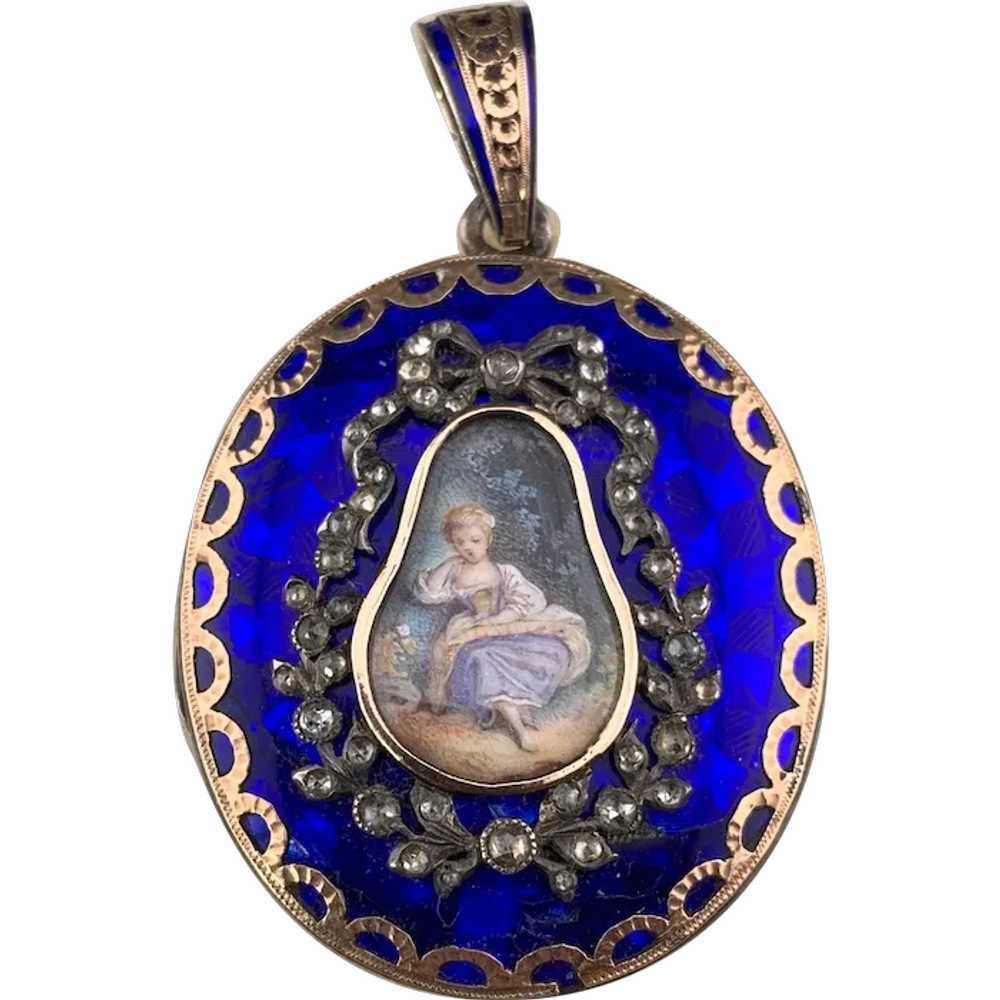 Antique French 18K, Silver, Diamond & Hand Painte… - image 1