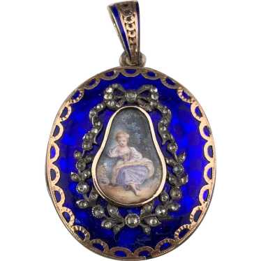 Antique French 18K, Silver, Diamond & Hand Painte… - image 1