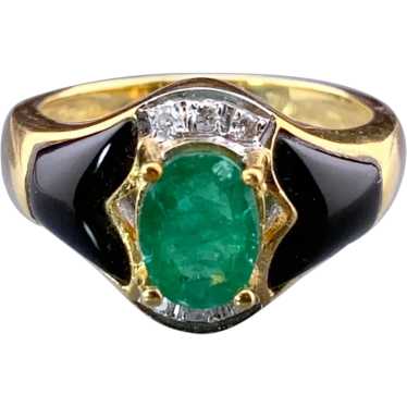 Vintage 18K, Diamond, Emerald & Onyx Ring