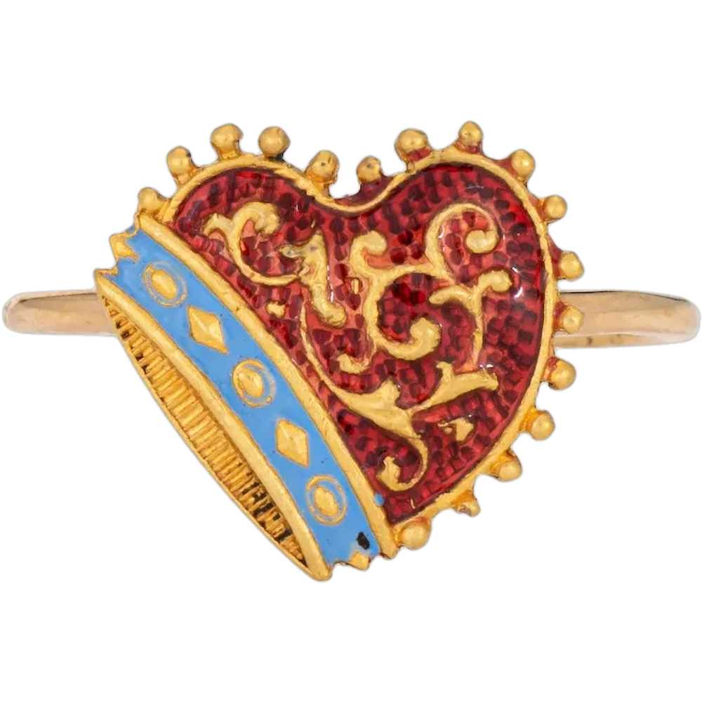 Antique Victorian Heart Enamel Conversion Ring 18… - image 1