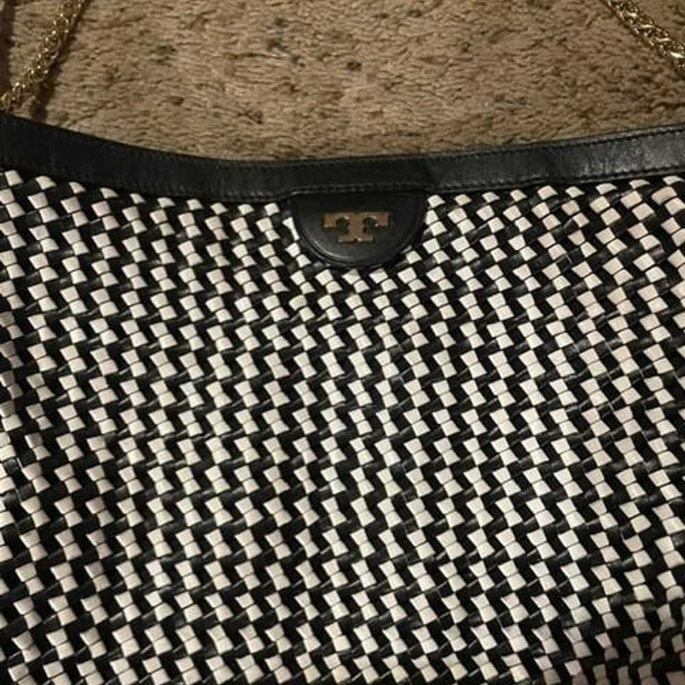 Tory Burch Erica Black/White Leather Woven Large … - image 3