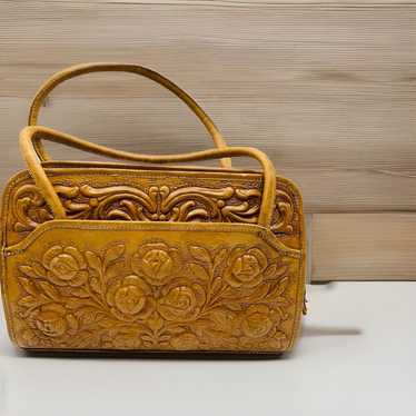 Vintage MCM Hand Tooled Tan Leather Purse Rose Ca… - image 1