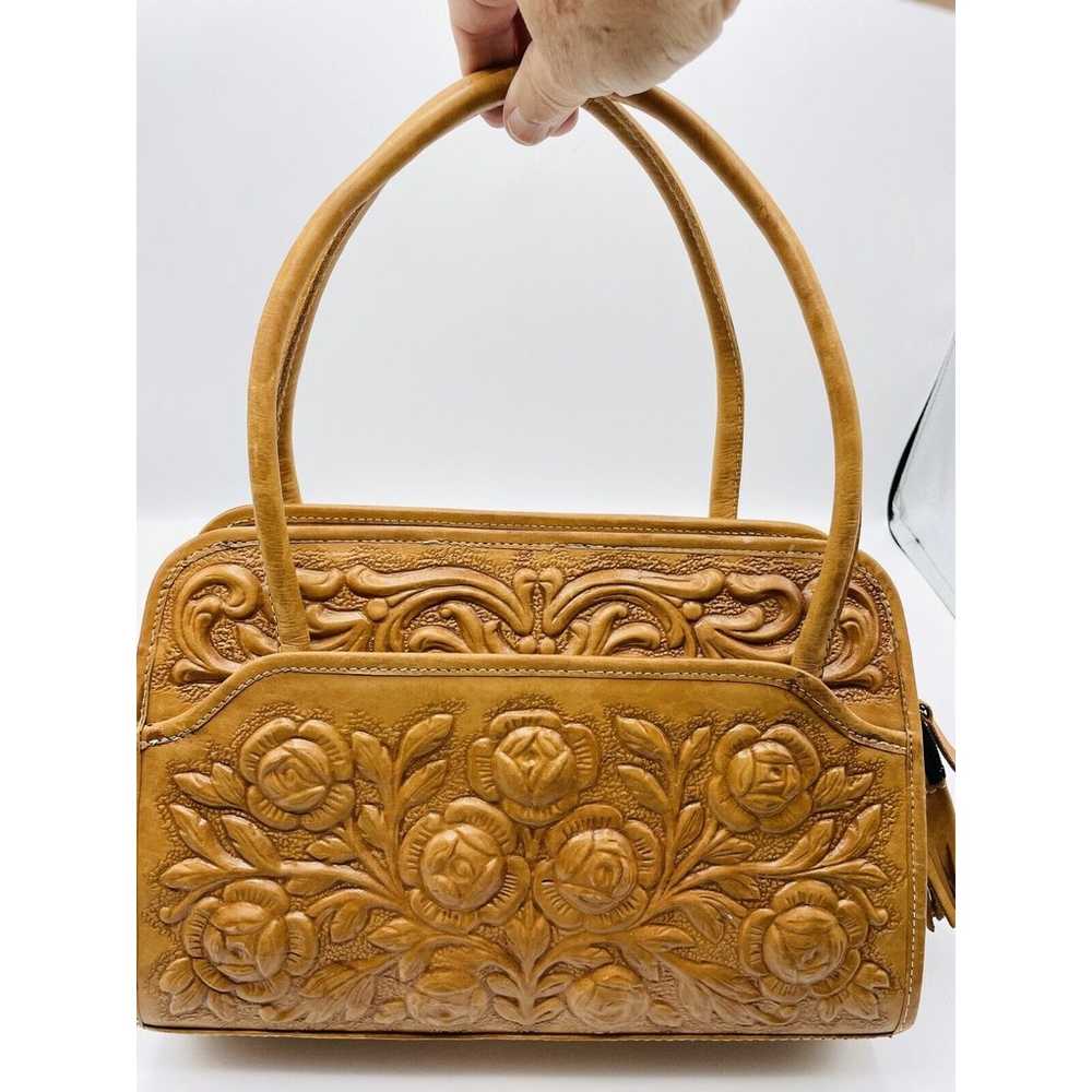 Vintage MCM Hand Tooled Tan Leather Purse Rose Ca… - image 7