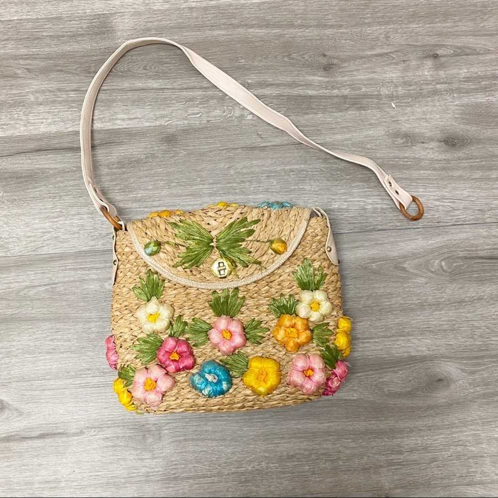 Vintage Basket Woven Crossbody with Floral Details - image 1