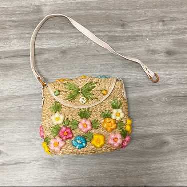 Vintage Basket Woven Crossbody with Floral Details - image 1