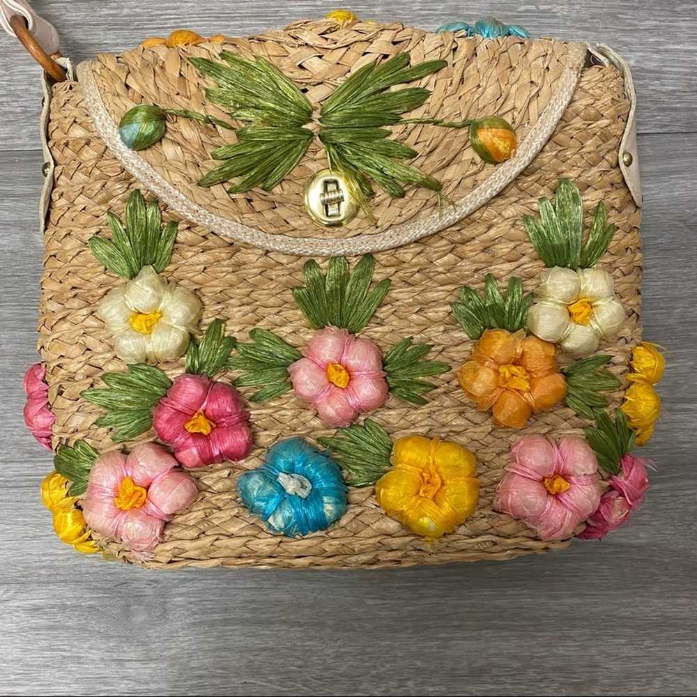 Vintage Basket Woven Crossbody with Floral Details - image 2