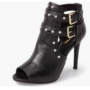 XYD Black Studs Peep Toe High Heels Buckled Double