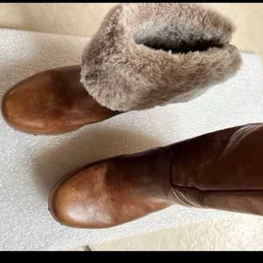 UGG Brown Leather Fold Over Sherpa Wood Heel Sole 