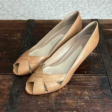 Connie Vintage Tan Leather Open Toe Heels Size 8