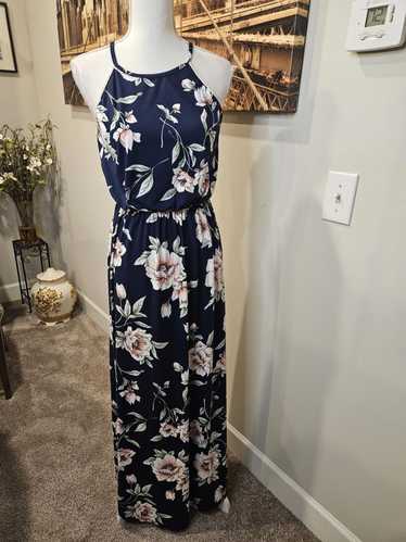 Designer French Grey Floral Maxi Dress - Navy Blue