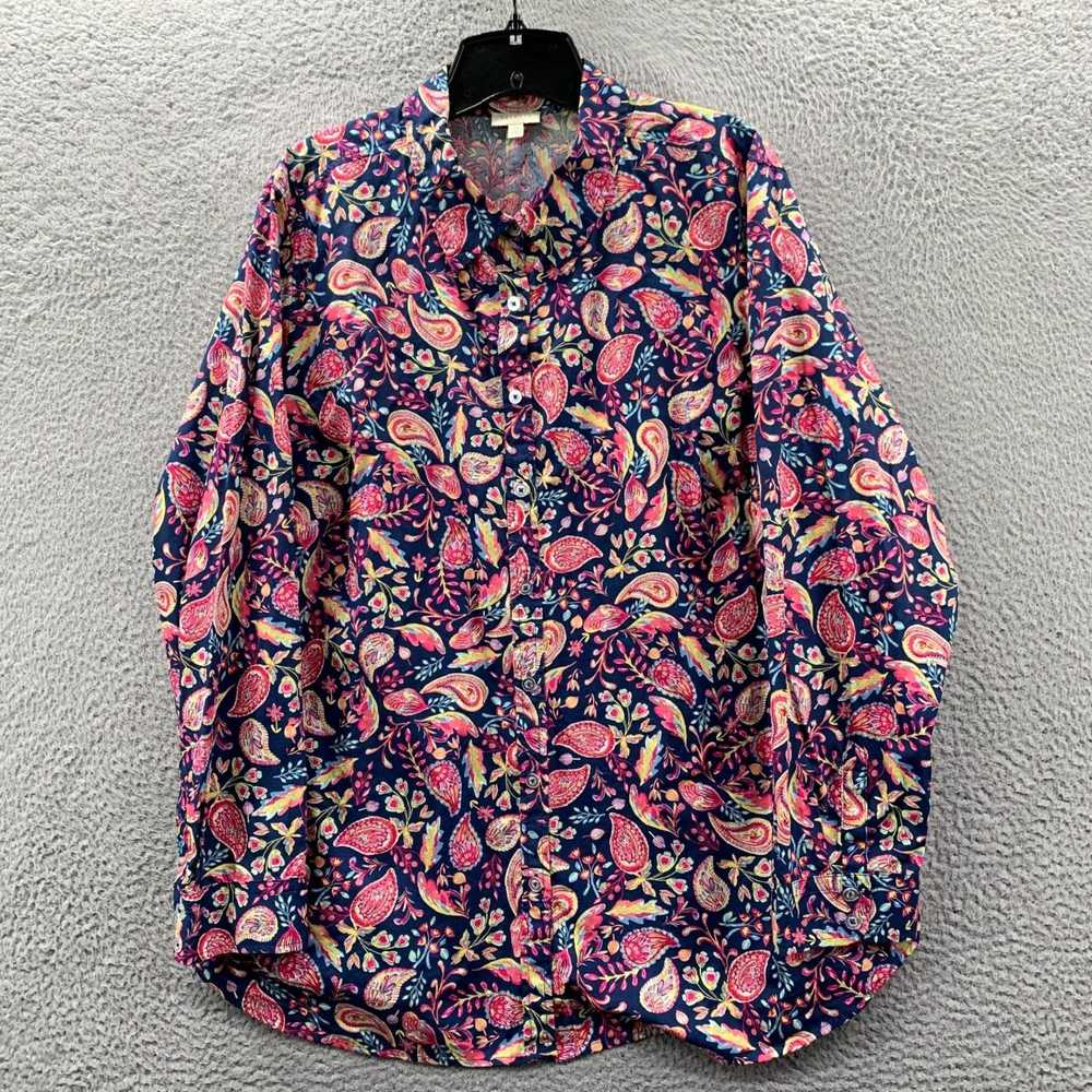 Talbots Womens 2X Floral Blue Long Sleeve Button … - image 1