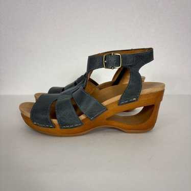 Dansko Blue Leather Cutout Wooden Heel Sandals Tru